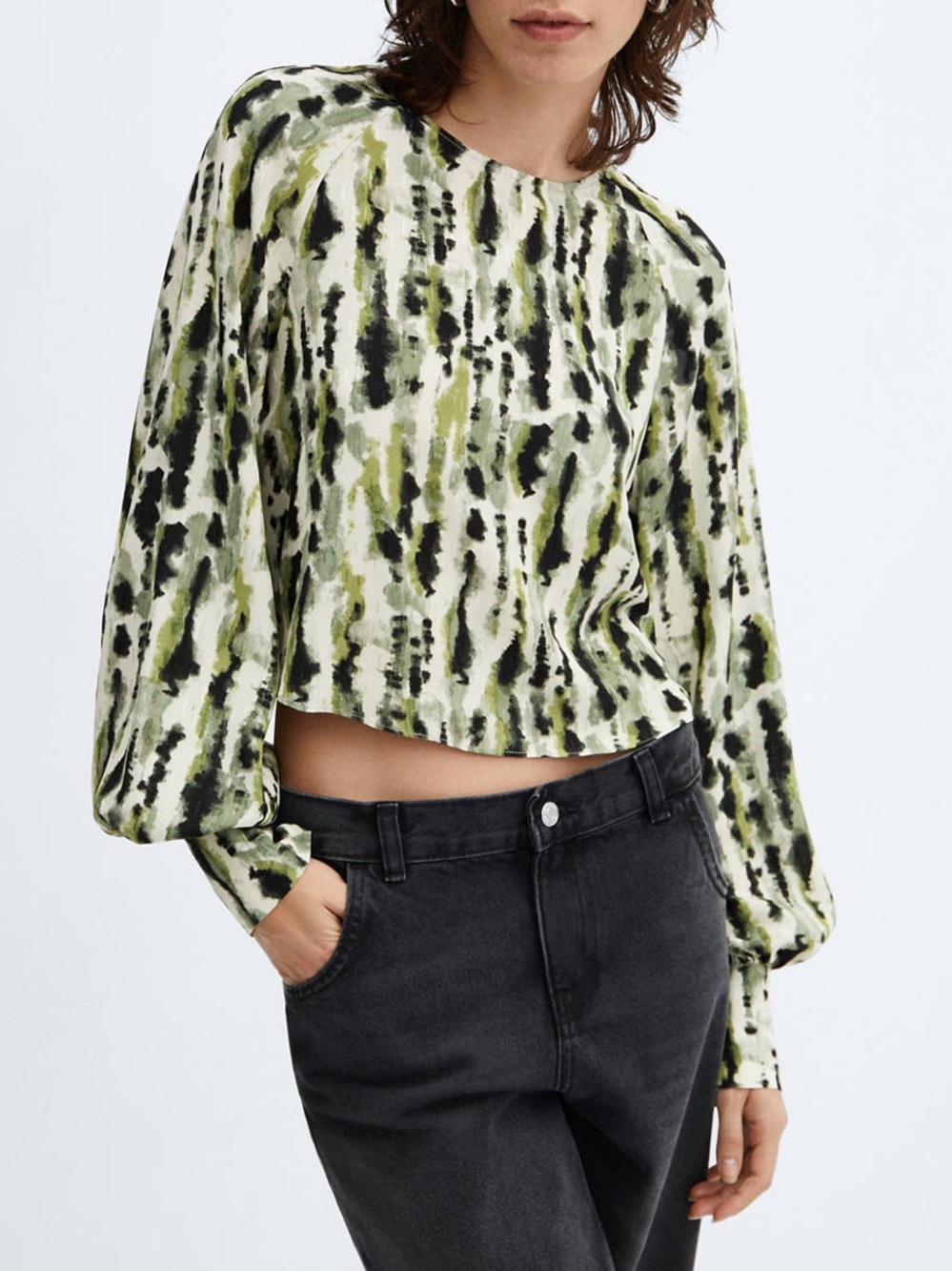 Mango MNG Leonor Abstract Print Tie Back Long Sleeve Crop Blouse Size 6
